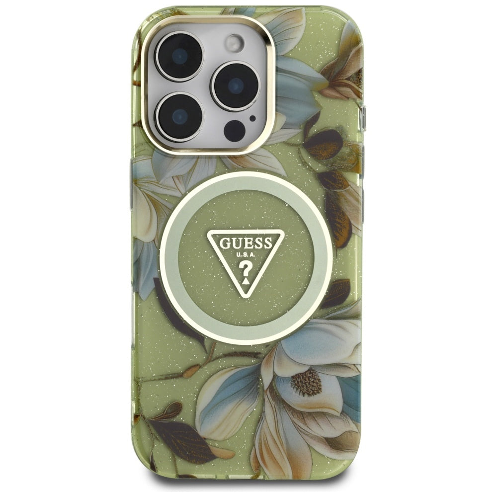 MagSafe futrola za Apple iPhone 16 Pro, Guess, IML Metal Glitter Flowers Triangle, Zelena