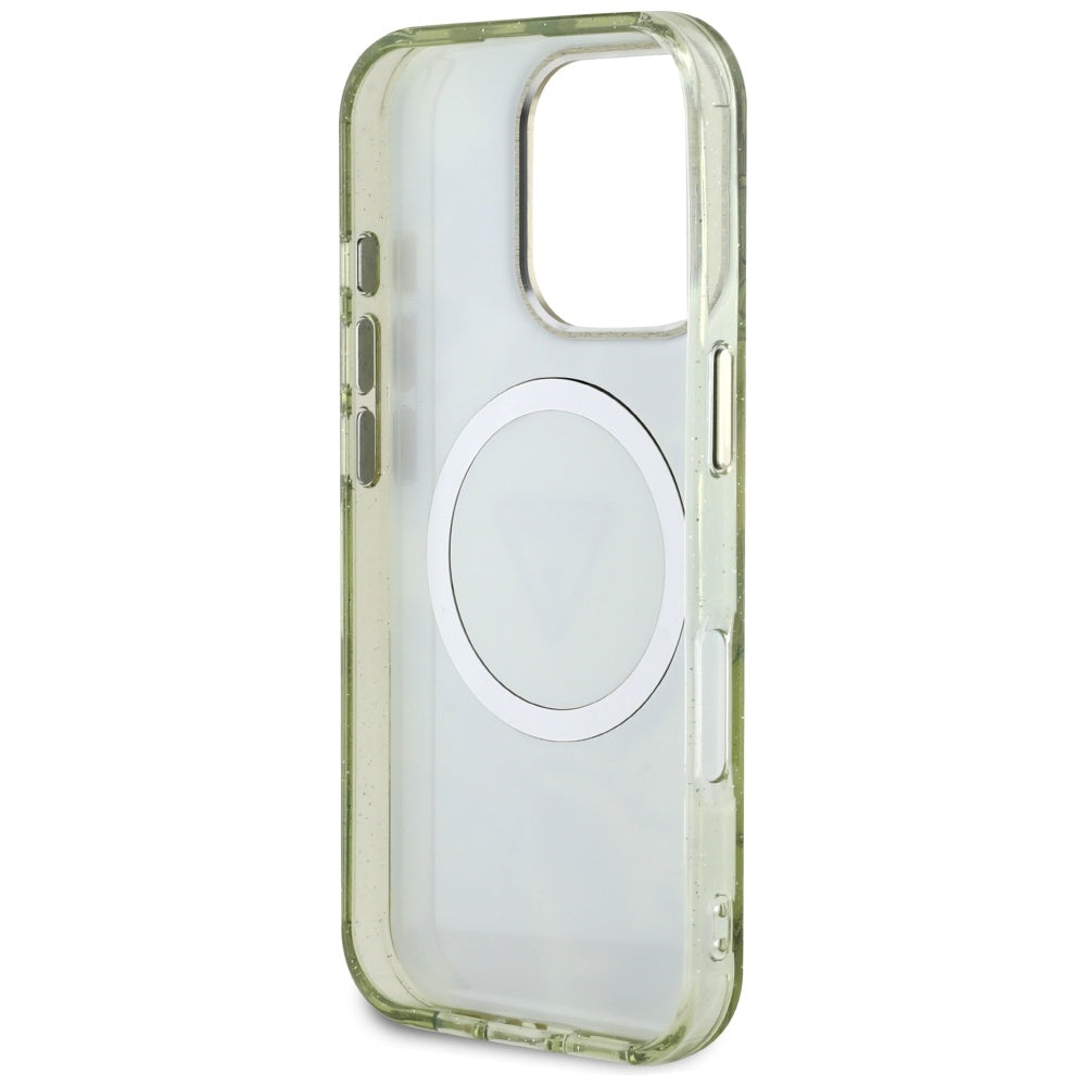MagSafe futrola za Apple iPhone 16 Pro, Guess, IML Metal Glitter Flowers Triangle, Zelena