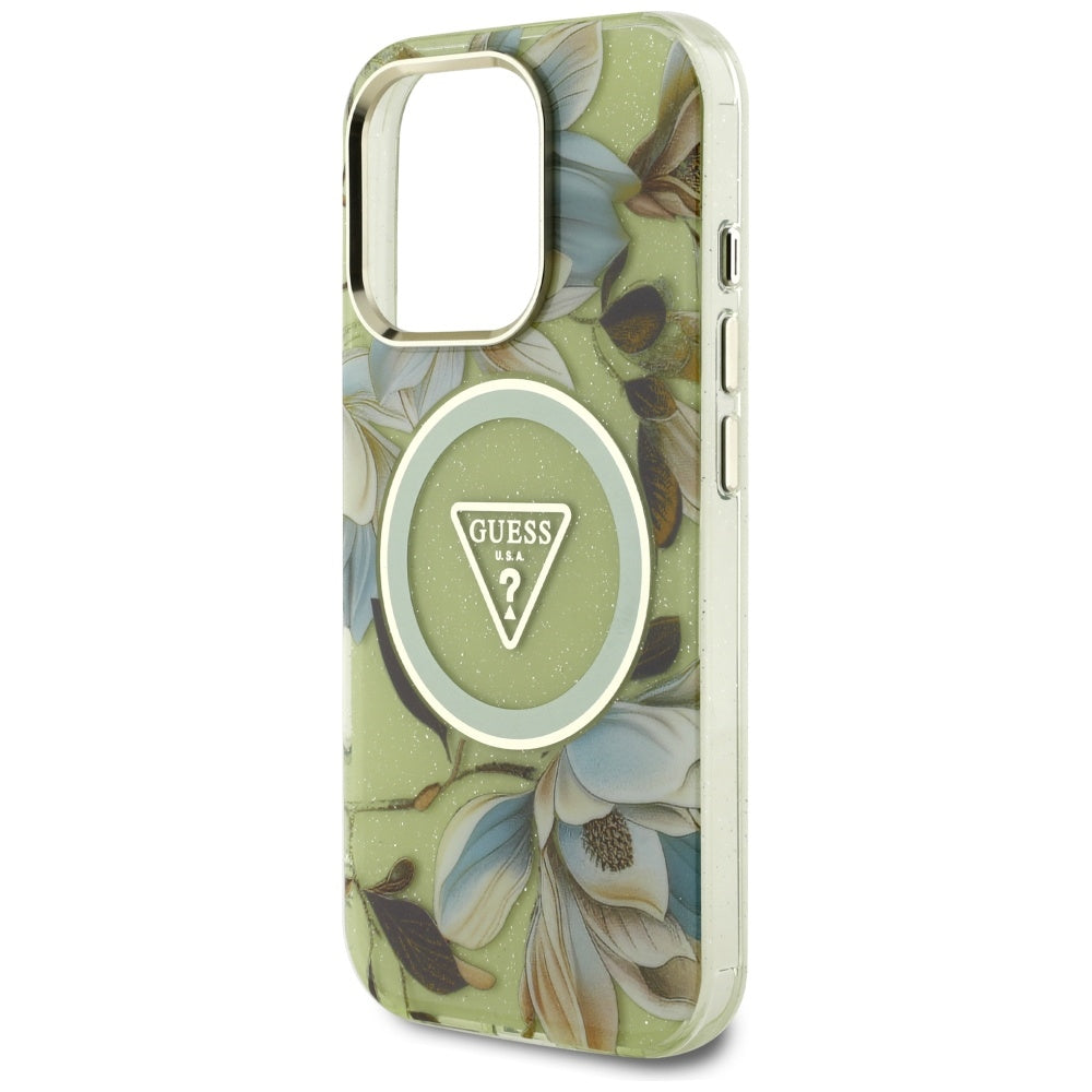 MagSafe futrola za Apple iPhone 16 Pro, Guess, IML Metal Glitter Flowers Triangle, Zelena