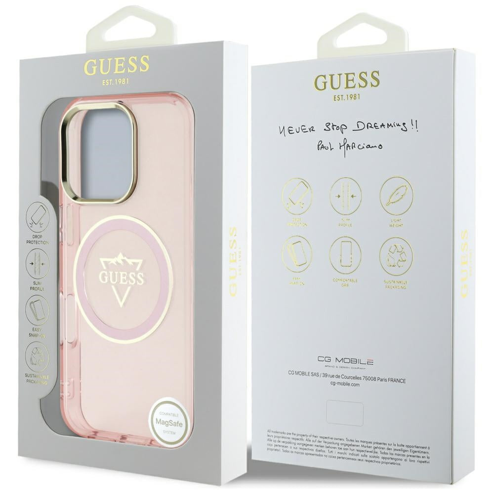 MagSafe futrola za Apple iPhone 16 Pro, Guess, IML Metal Mountain Logo, Roza