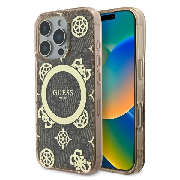 MagSafe futrola za Apple iPhone 16 Pro, Guess, IML Peony na 4G pozadini, smeđa