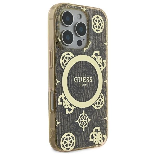 MagSafe futrola za Apple iPhone 16 Pro, Guess, IML Peony na 4G pozadini, smeđa