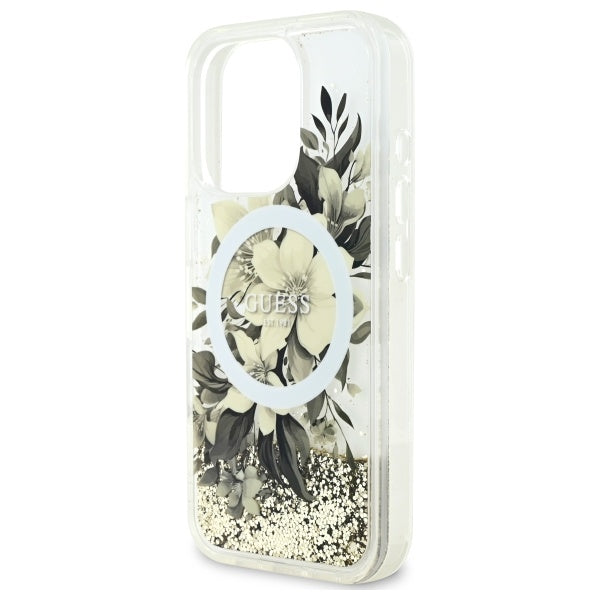 MagSafe torbica za Apple iPhone 16 Pro, Guess, Liquid Glitter Flower, Bež