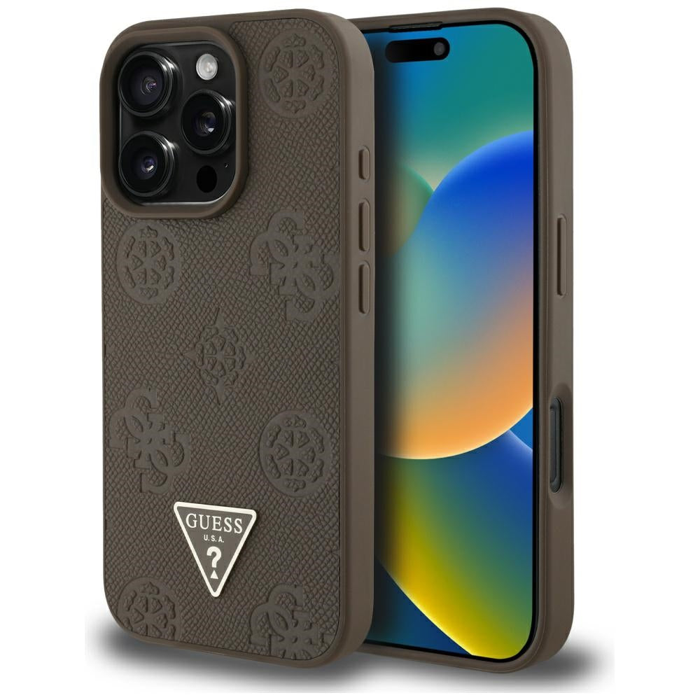 MagSafe futrola za Apple iPhone 16 Pro, Guess, Peony Grained Hot Stamp Triangle, smeđa
