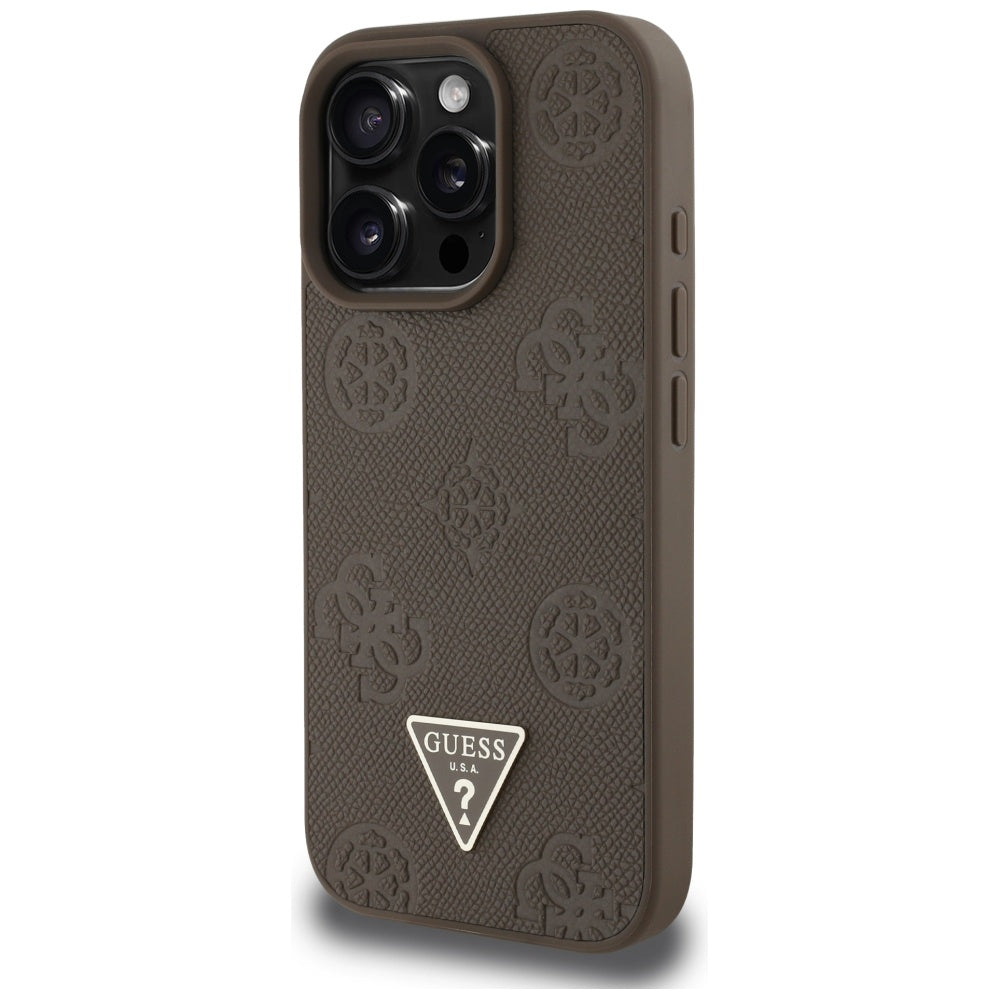MagSafe futrola za Apple iPhone 16 Pro, Guess, Peony Grained Hot Stamp Triangle, smeđa