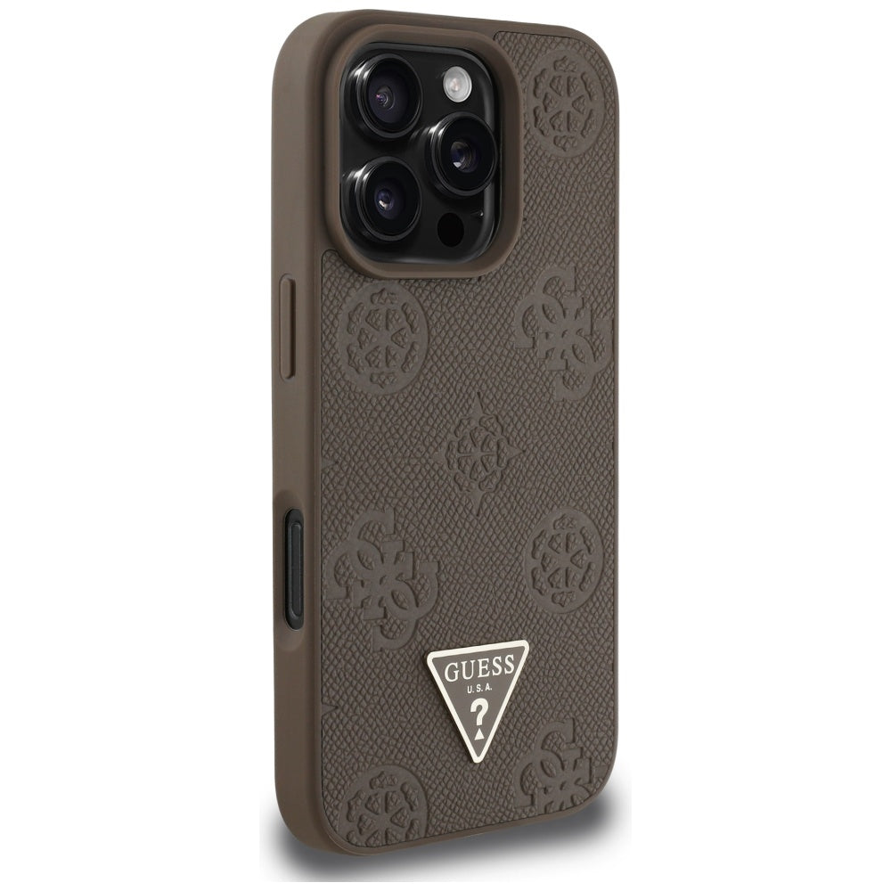 MagSafe futrola za Apple iPhone 16 Pro, Guess, Peony Grained Hot Stamp Triangle, smeđa