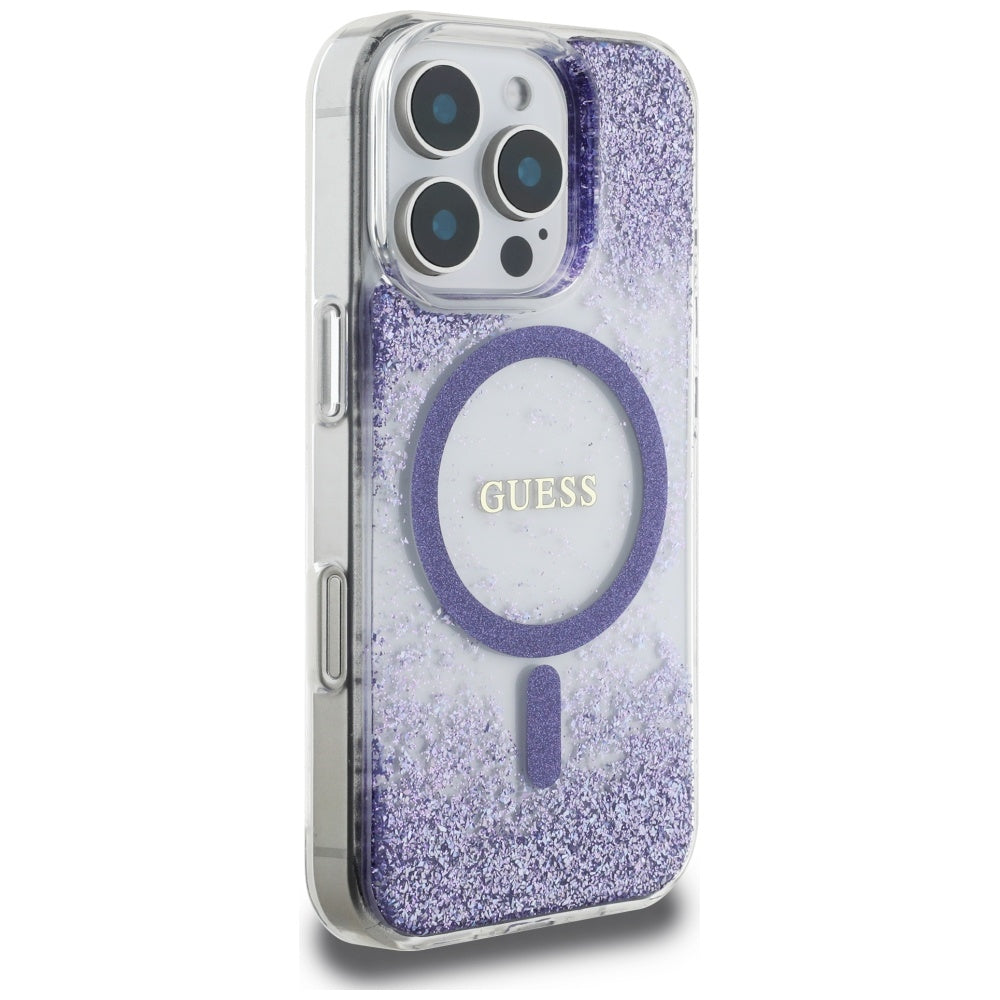 Husa MagSafe za Apple iPhone 16 Pro, Guess, Resin Bottom Glitter, Ljubičasta