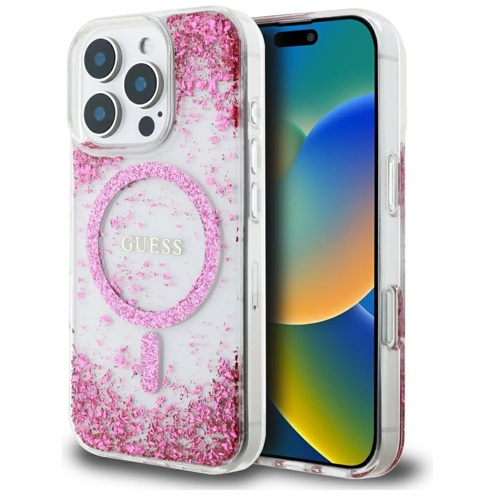 MagSafe torbica za Apple iPhone 16 Pro, Guess, Resin Bottom Glitter, Roza