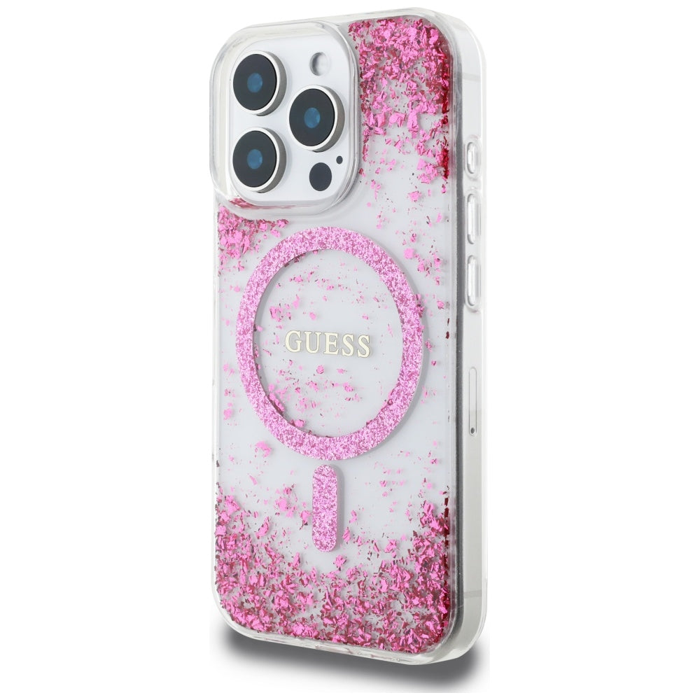 MagSafe torbica za Apple iPhone 16 Pro, Guess, Resin Bottom Glitter, Roza