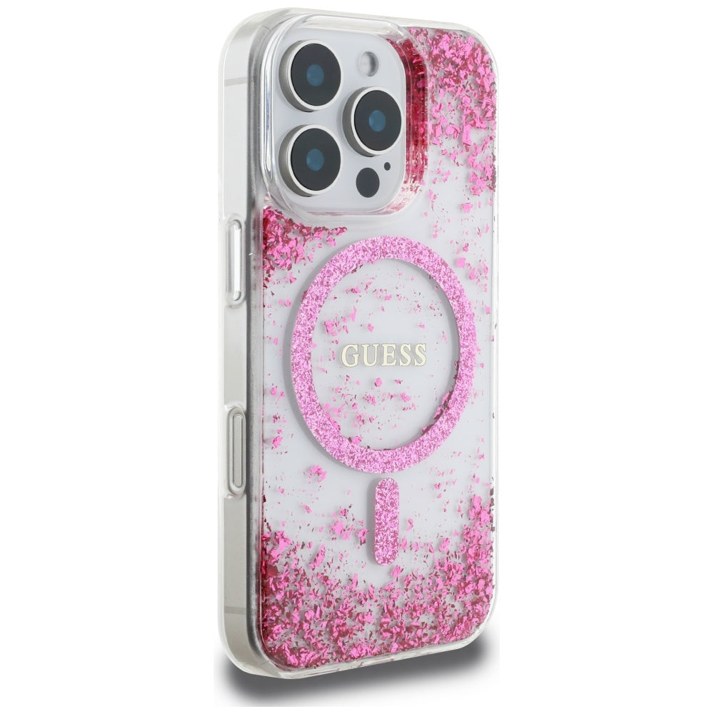 MagSafe torbica za Apple iPhone 16 Pro, Guess, Resin Bottom Glitter, Roza