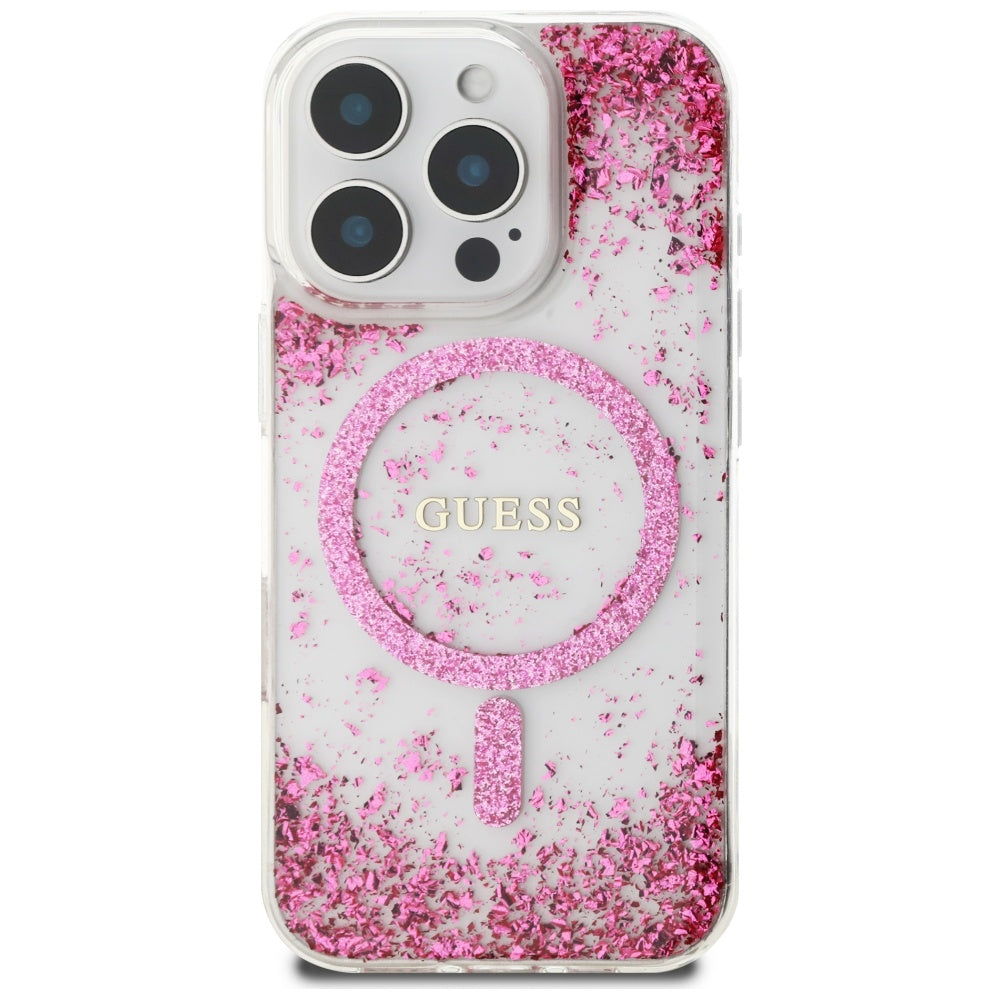 MagSafe torbica za Apple iPhone 16 Pro, Guess, Resin Bottom Glitter, Roza