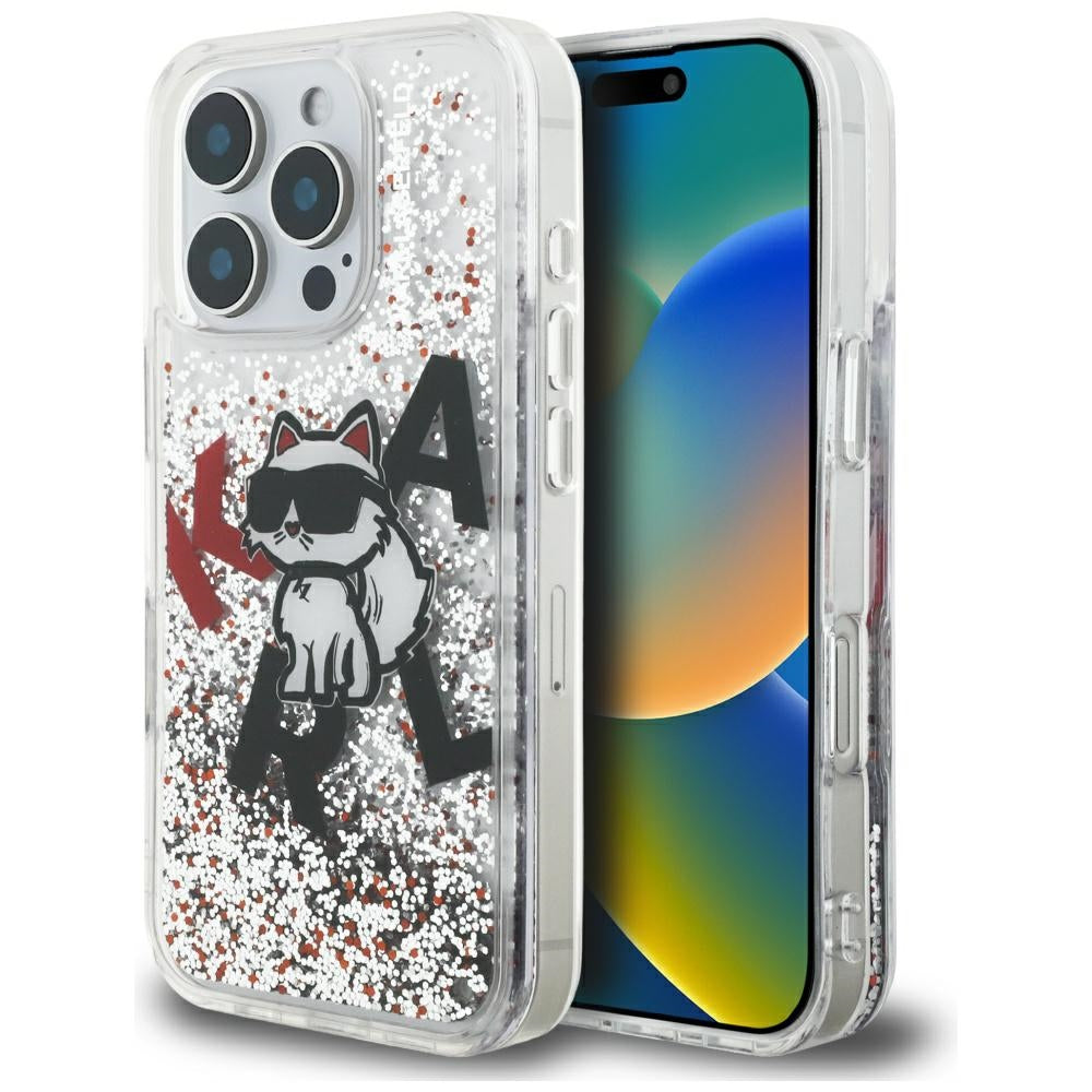 Husa MagSafe za Apple iPhone 16 Pro, Karl Lagerfeld, Liquid Glitter Choupette Logo, Prozirna