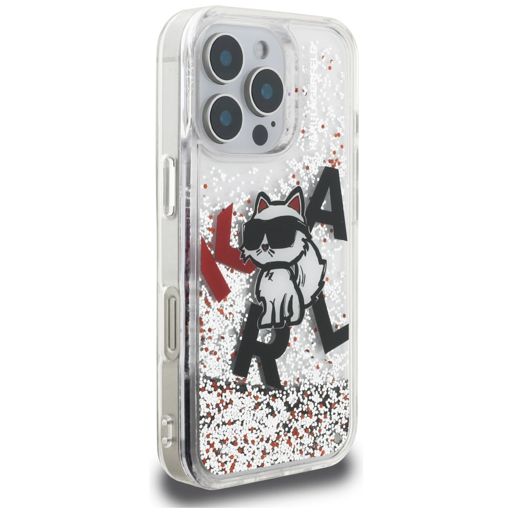 Husa MagSafe za Apple iPhone 16 Pro, Karl Lagerfeld, Liquid Glitter Choupette Logo, Prozirna