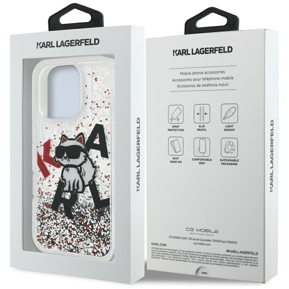 Husa MagSafe za Apple iPhone 16 Pro, Karl Lagerfeld, Liquid Glitter Choupette Logo, Prozirna