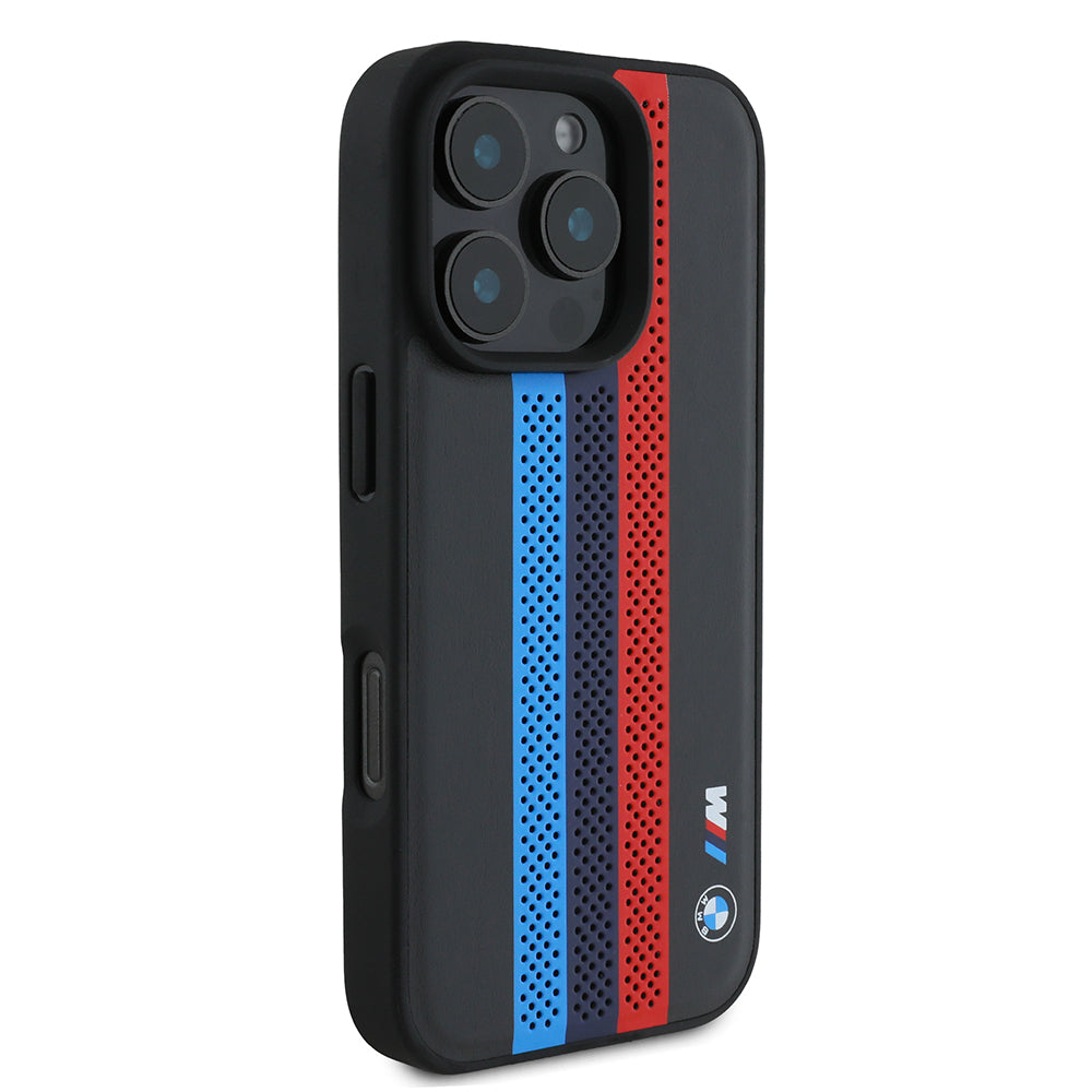 Futrola MagSafe za Apple iPhone 16 Pro Max, BMW, Perforated M Perf. Tricolor Stripers, Crna