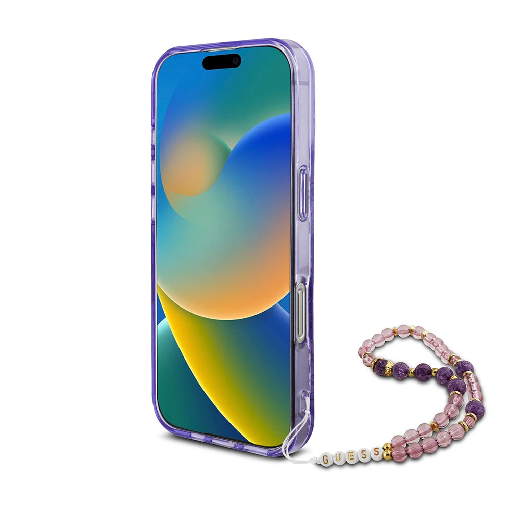 Husa MagSafe za Apple iPhone 16 Pro Max, Guess, IML Flowers with Pearl Strap, Ljubičasta