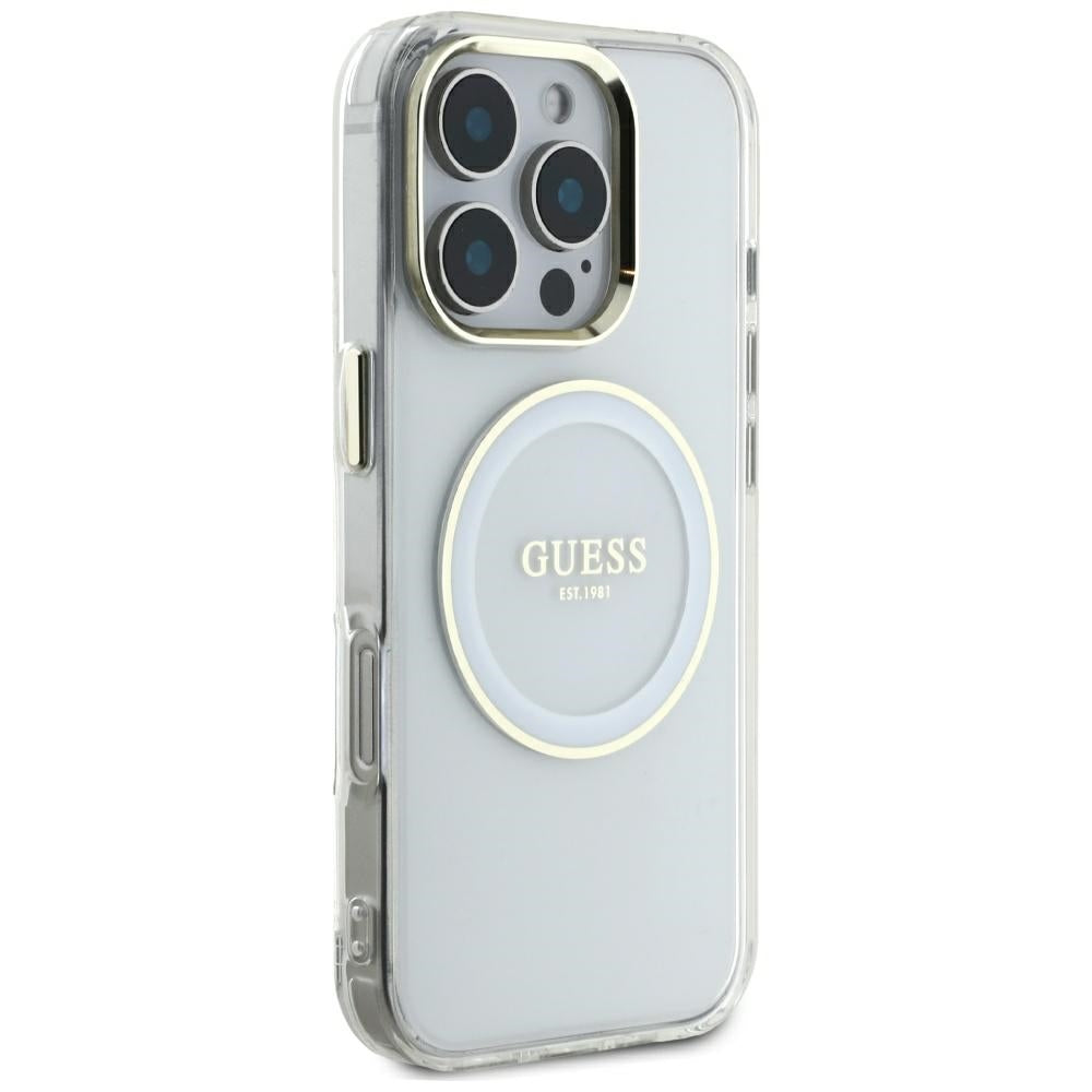 Husa MagSafe za Apple iPhone 16 Pro Max, Guess, IML Metal Colored Circle, Bijela