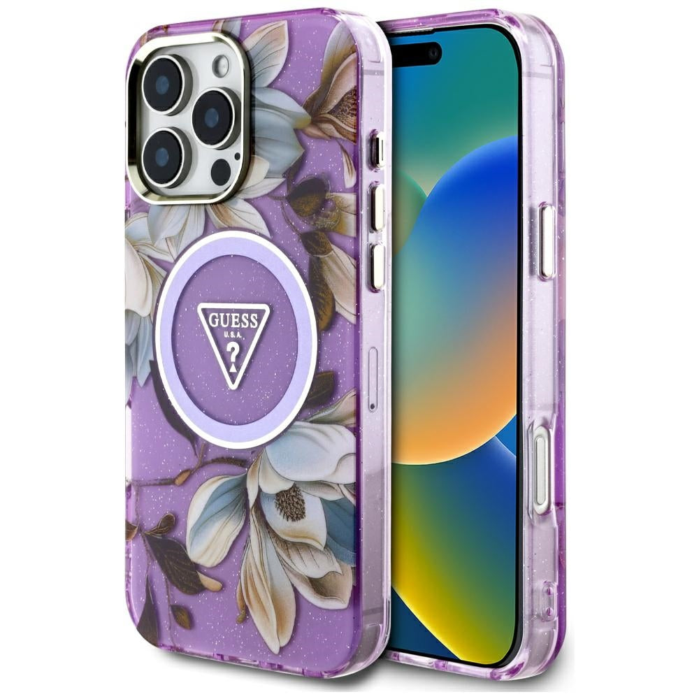 Futrola MagSafe za Apple iPhone 16 Pro Max, Guess, IML Metal Glitter Flowers Triangle, Ljubičasta