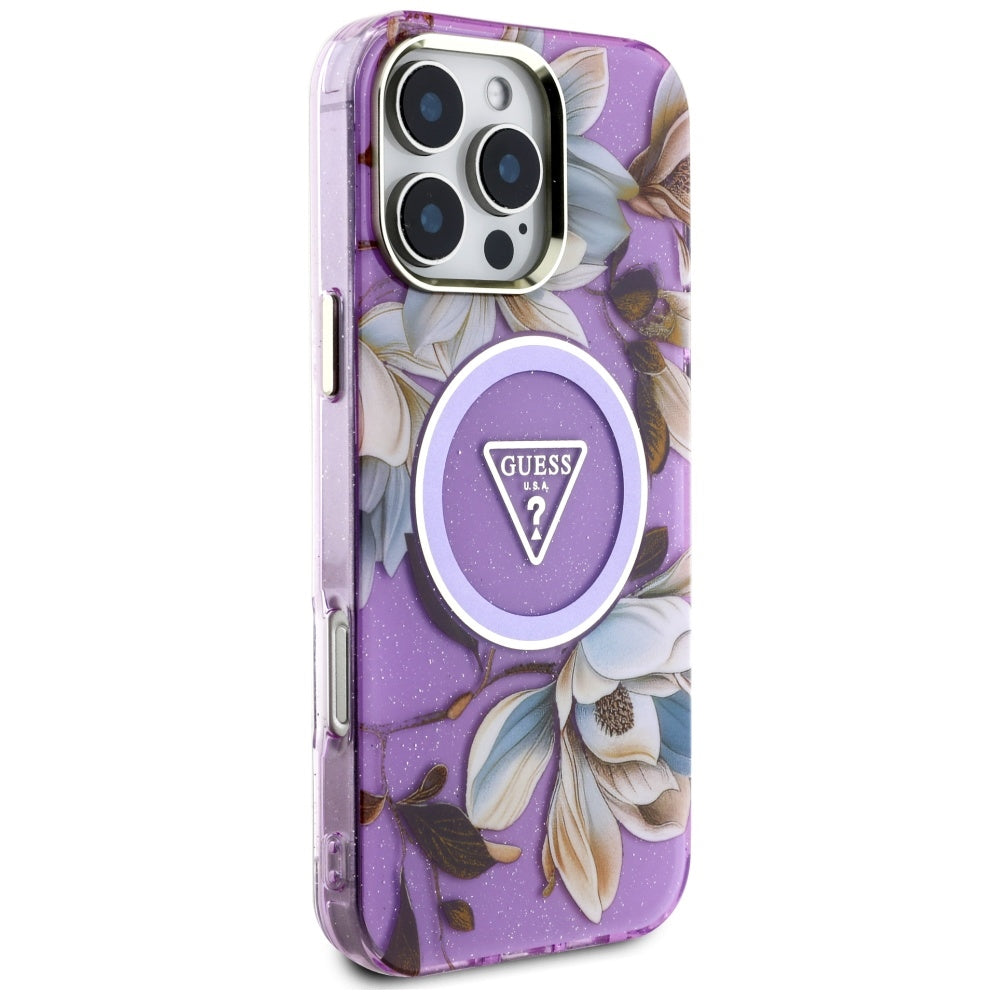 Futrola MagSafe za Apple iPhone 16 Pro Max, Guess, IML Metal Glitter Flowers Triangle, Ljubičasta