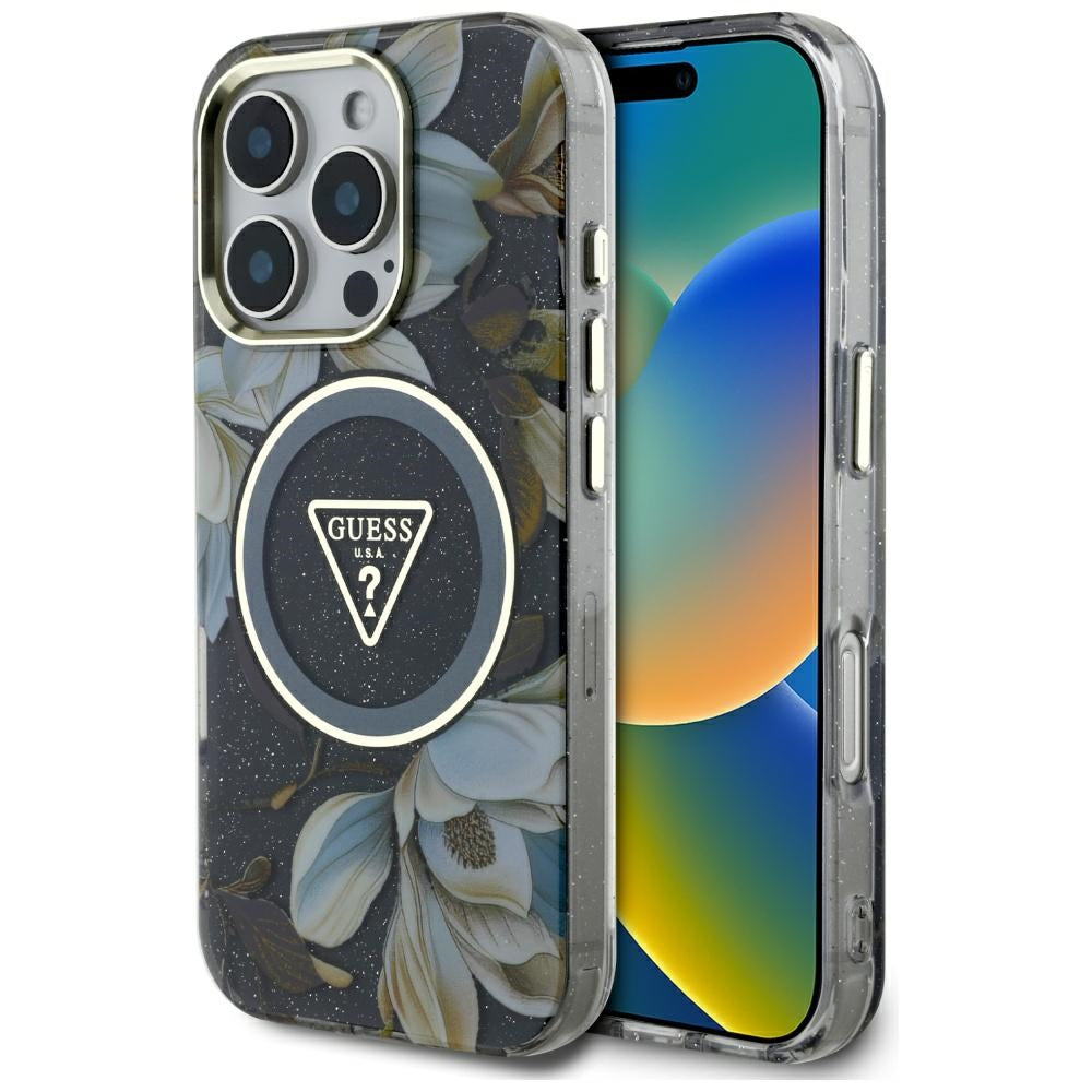 Futrola MagSafe za Apple iPhone 16 Pro Max, Guess, IML Metal Glitter Flowers Triangle, Crna