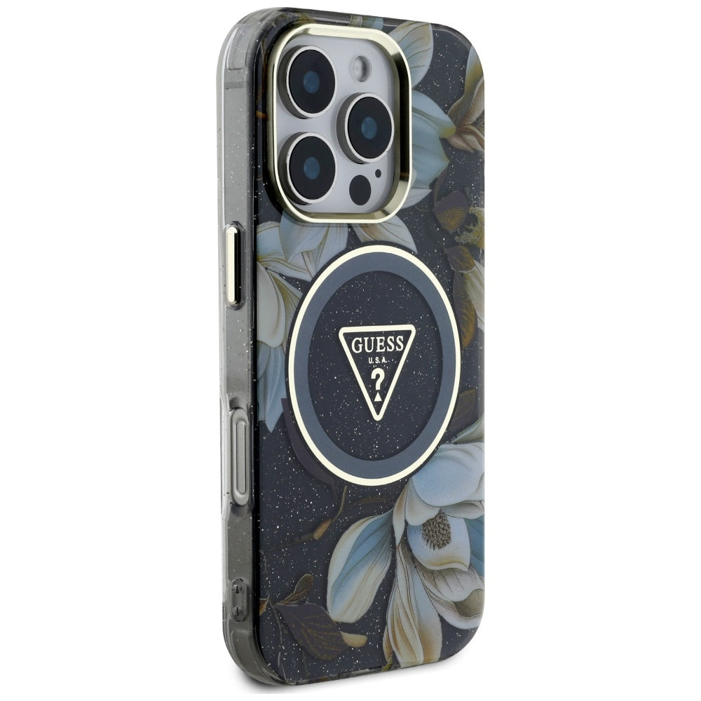 Futrola MagSafe za Apple iPhone 16 Pro Max, Guess, IML Metal Glitter Flowers Triangle, Crna