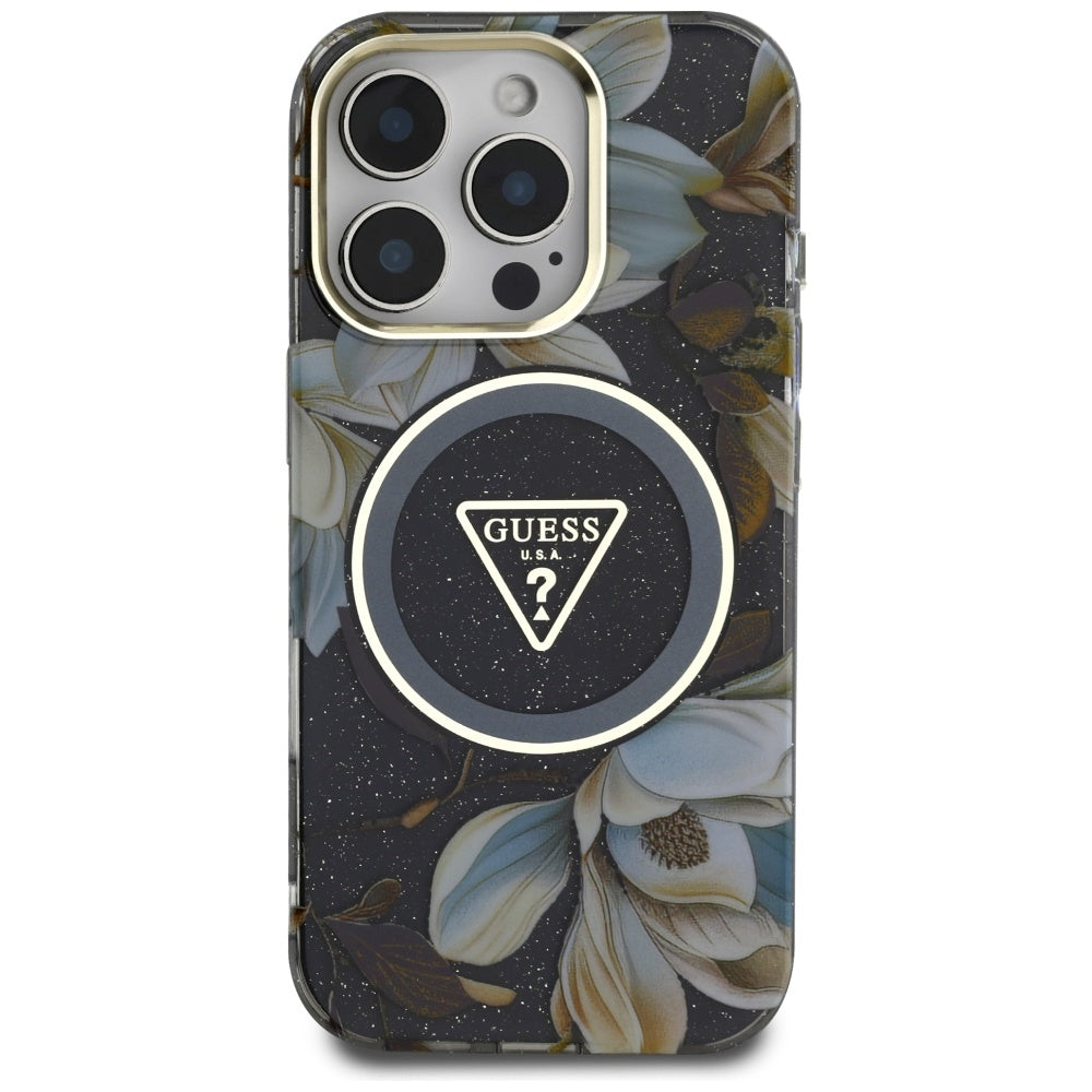 Futrola MagSafe za Apple iPhone 16 Pro Max, Guess, IML Metal Glitter Flowers Triangle, Crna