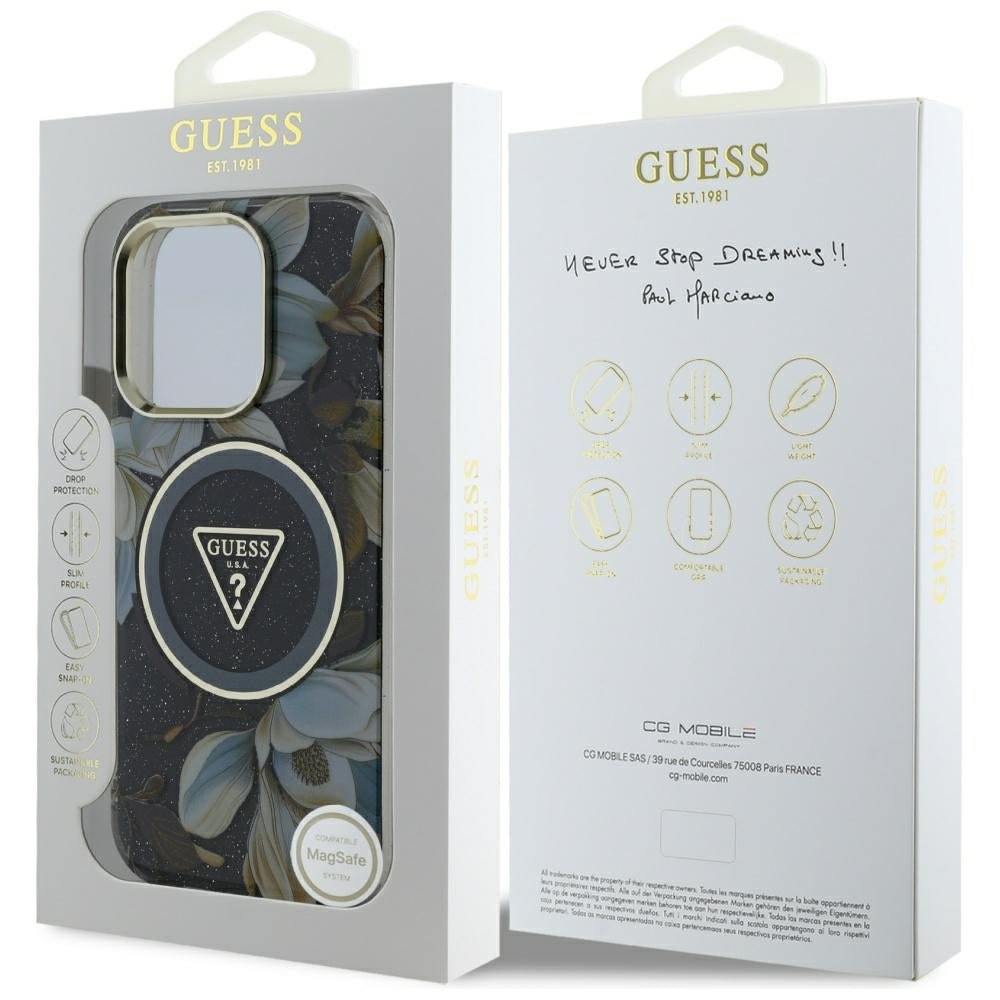 Futrola MagSafe za Apple iPhone 16 Pro Max, Guess, IML Metal Glitter Flowers Triangle, Crna
