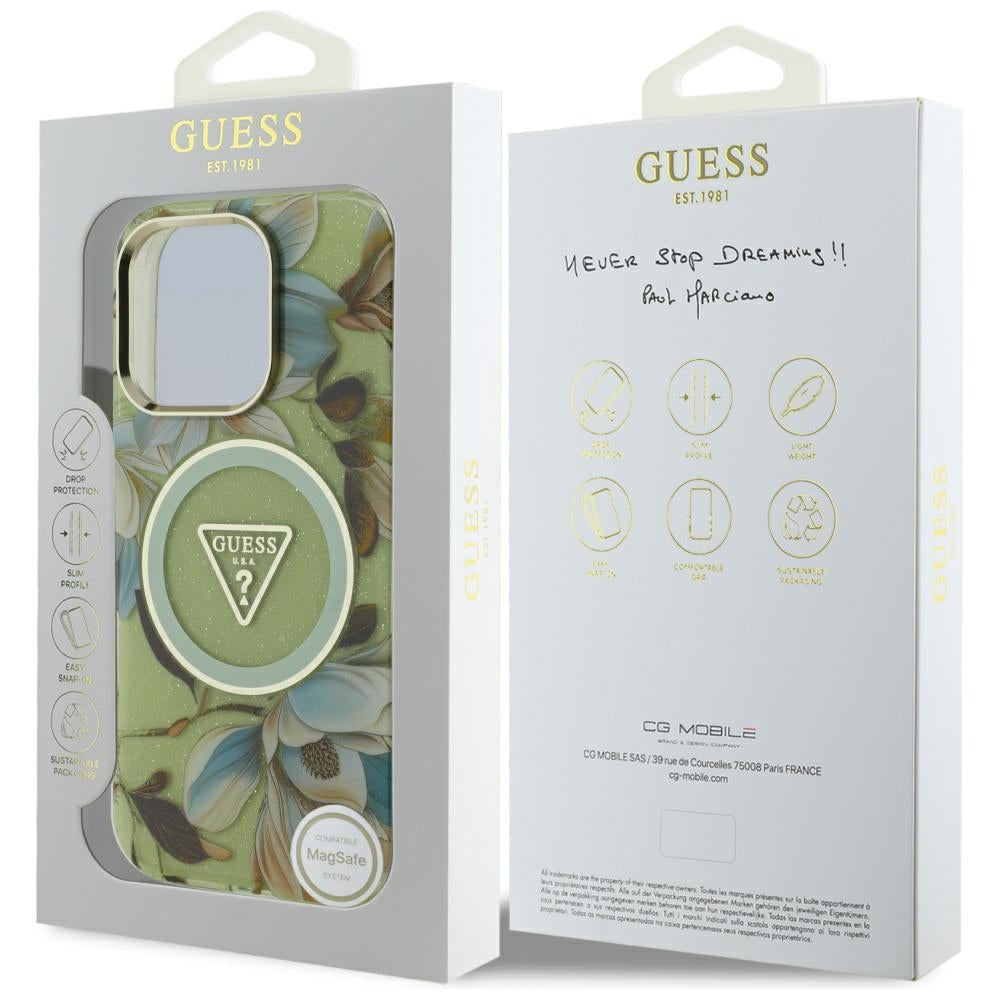 Futrola MagSafe za Apple iPhone 16 Pro Max, Guess, IML Metal Glitter Flowers Triangle, Zelena