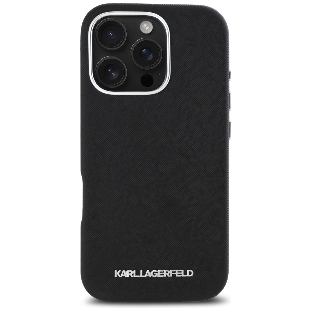 Futrola MagSafe za Apple iPhone 16 Pro Max, Karl Lagerfeld, Saffiano Full Wrapped Elongated Metal Logo, Crna