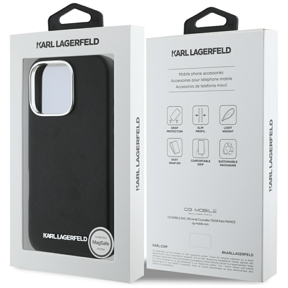 Futrola MagSafe za Apple iPhone 16 Pro Max, Karl Lagerfeld, Saffiano Full Wrapped Elongated Metal Logo, Crna