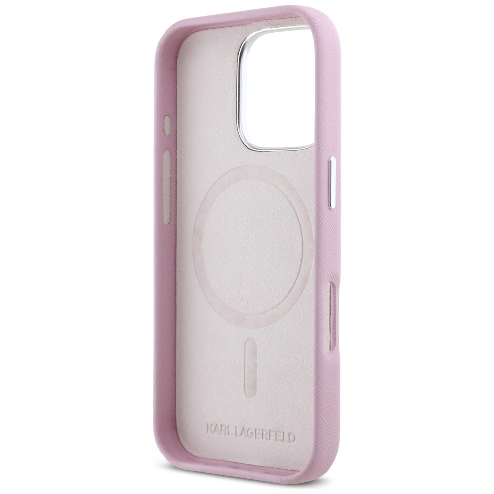 Futrola MagSafe za Apple iPhone 16 Pro Max, Karl Lagerfeld, Saffiano Full Wrapped Elongated Metal Logo, Roza