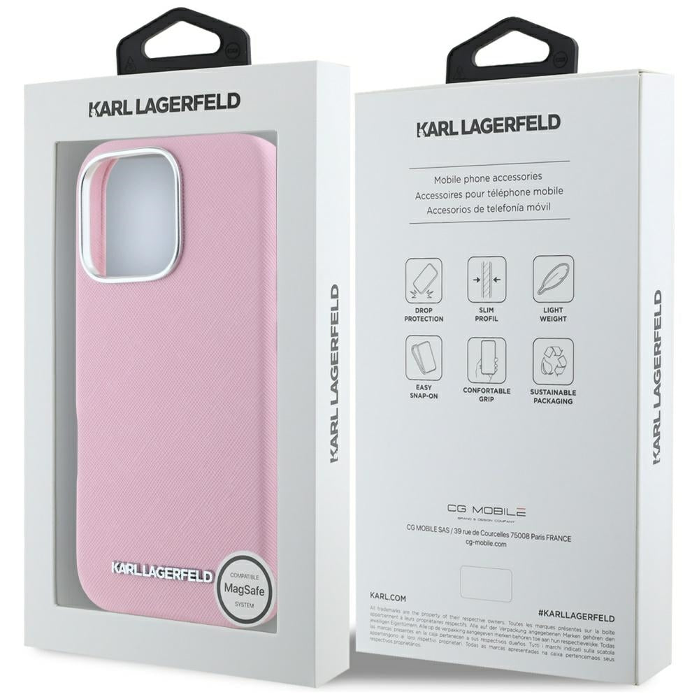 Futrola MagSafe za Apple iPhone 16 Pro Max, Karl Lagerfeld, Saffiano Full Wrapped Elongated Metal Logo, Roza