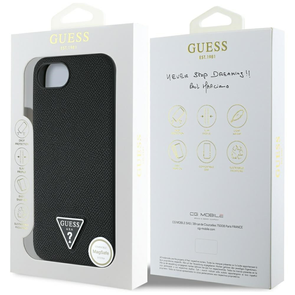 Husa MagSafe za Apple iPhone 17e / 16e, Guess, Grained Triangle Logo, Crna