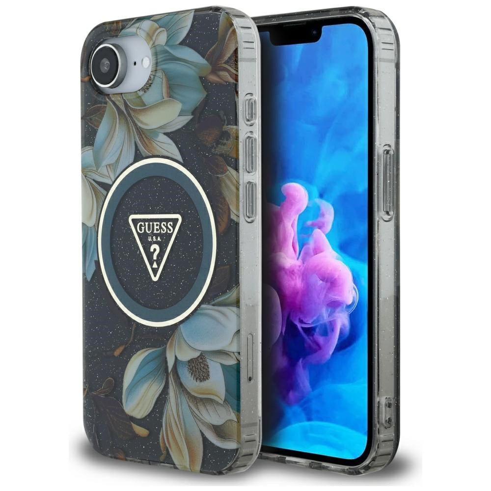 MagSafe futrola za Apple iPhone 17e / 16e, Guess, IML Metal Glitter Flowers Triangle, Crna