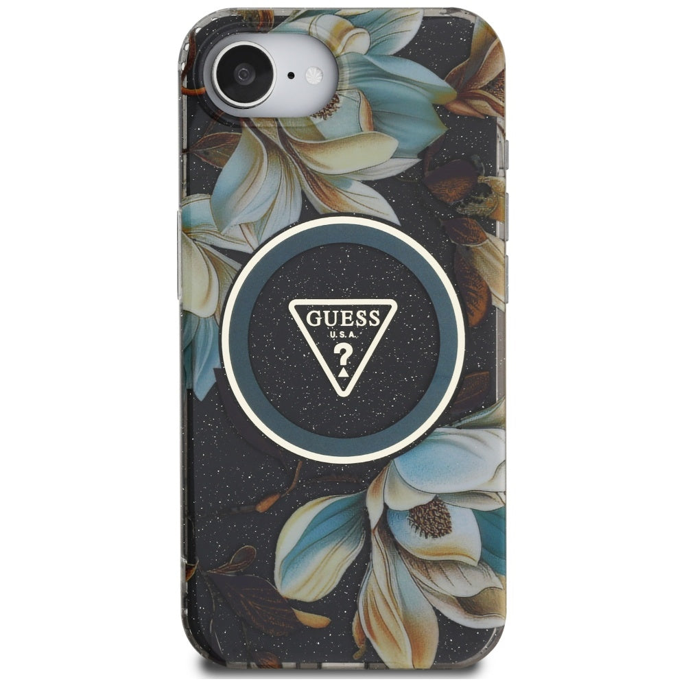 MagSafe futrola za Apple iPhone 17e / 16e, Guess, IML Metal Glitter Flowers Triangle, Crna