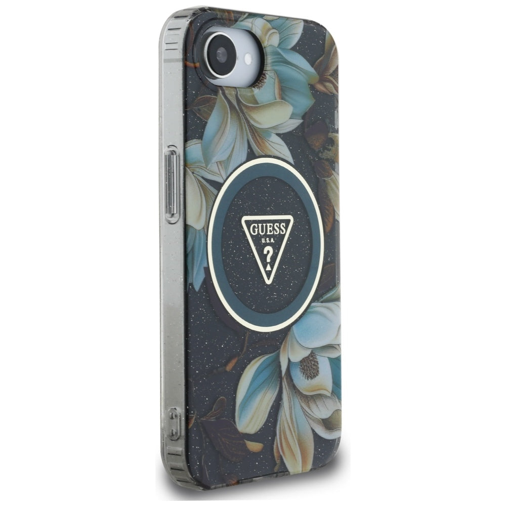 MagSafe futrola za Apple iPhone 17e / 16e, Guess, IML Metal Glitter Flowers Triangle, Crna