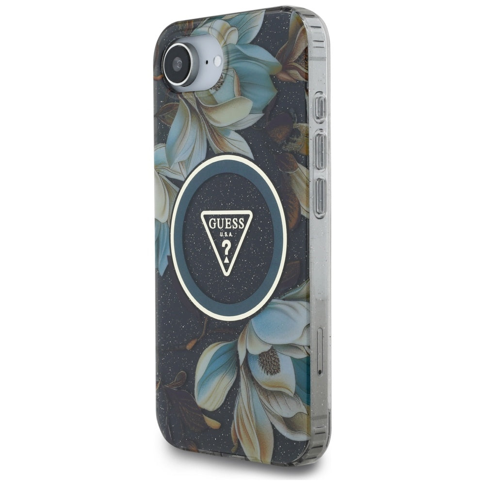 MagSafe futrola za Apple iPhone 17e / 16e, Guess, IML Metal Glitter Flowers Triangle, Crna