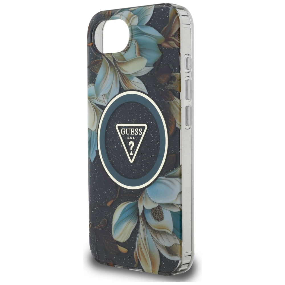 MagSafe futrola za Apple iPhone 17e / 16e, Guess, IML Metal Glitter Flowers Triangle, Crna