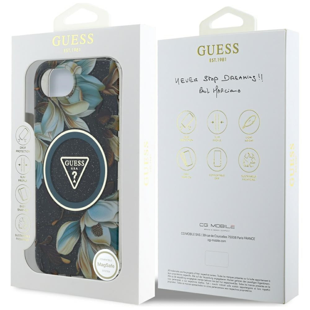 MagSafe futrola za Apple iPhone 17e / 16e, Guess, IML Metal Glitter Flowers Triangle, Crna