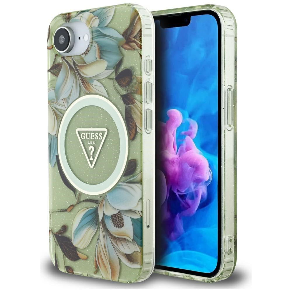 MagSafe futrola za Apple iPhone 17e / 16e, Guess, IML Metal Glitter Flowers Triangle, Zelena
