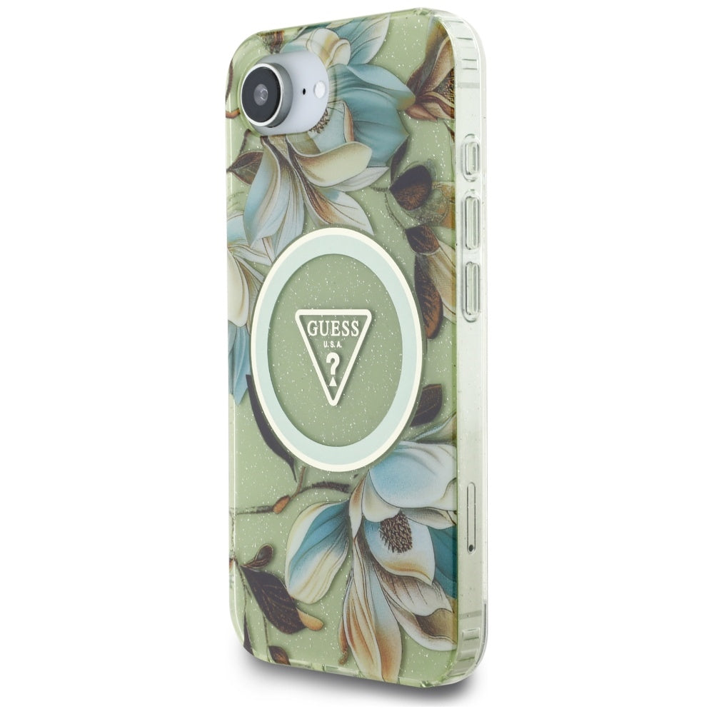 MagSafe futrola za Apple iPhone 17e / 16e, Guess, IML Metal Glitter Flowers Triangle, Zelena