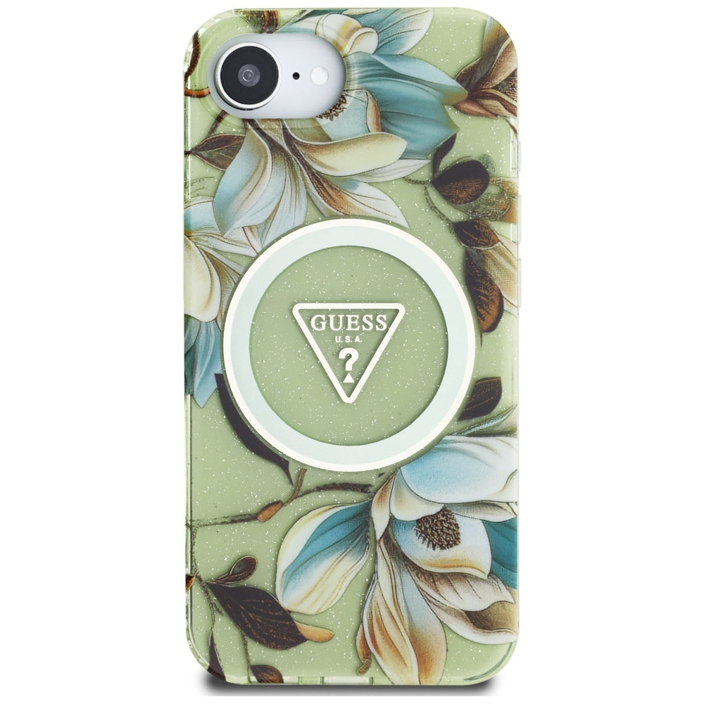 MagSafe futrola za Apple iPhone 17e / 16e, Guess, IML Metal Glitter Flowers Triangle, Zelena