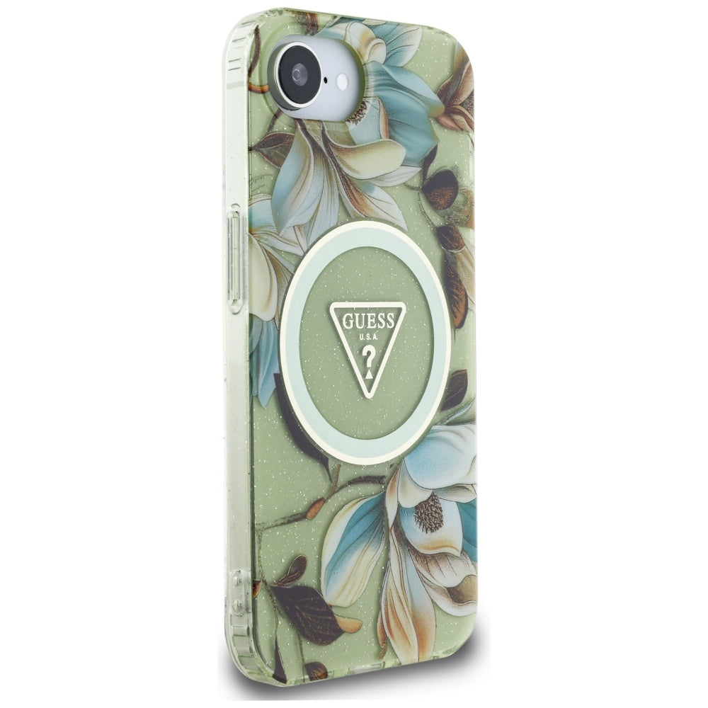 MagSafe futrola za Apple iPhone 17e / 16e, Guess, IML Metal Glitter Flowers Triangle, Zelena