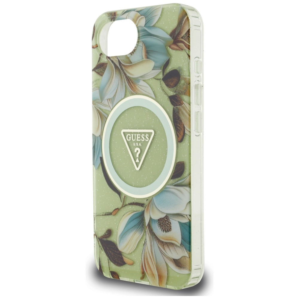 MagSafe futrola za Apple iPhone 17e / 16e, Guess, IML Metal Glitter Flowers Triangle, Zelena