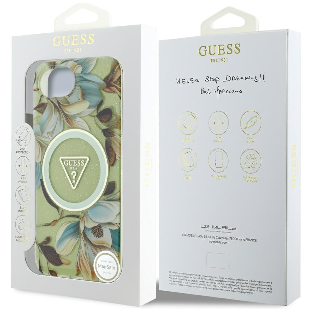 MagSafe futrola za Apple iPhone 17e / 16e, Guess, IML Metal Glitter Flowers Triangle, Zelena