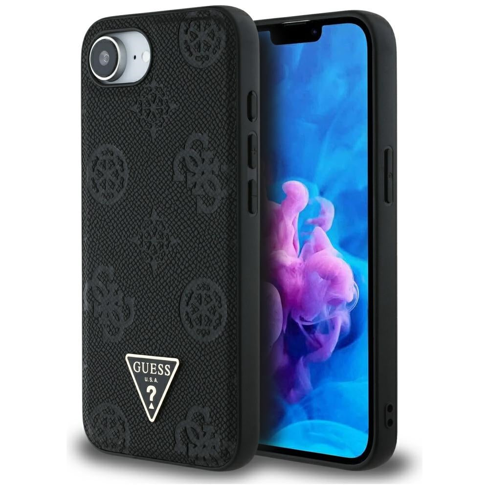 MagSafe torbica za Apple iPhone 17e / 16e, Guess, Peony Grained Hot Stamp Triangle, Crna