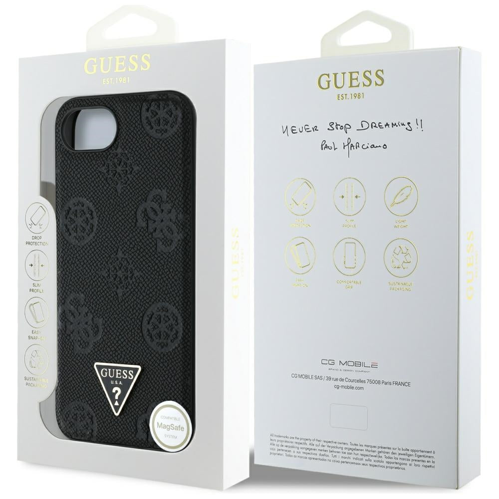 MagSafe torbica za Apple iPhone 17e / 16e, Guess, Peony Grained Hot Stamp Triangle, Crna