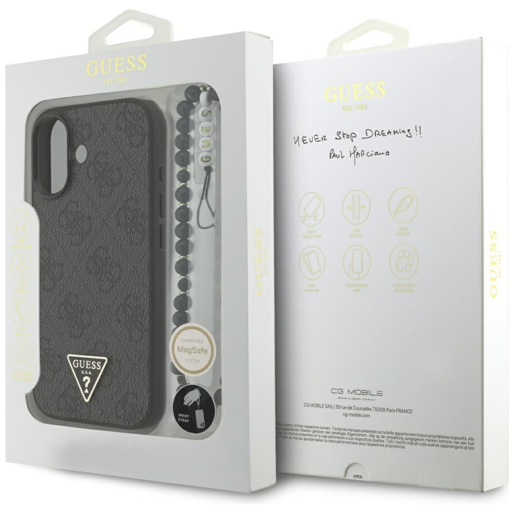 MagSafe futrola za Apple iPhone 17, Guess, 4G Triangle Logo s remenom, Crna