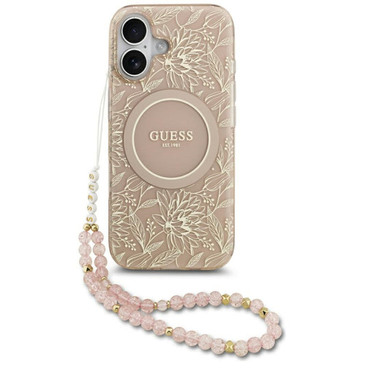 Husa MagSafe za Apple iPhone 17, Guess, IML Flowers Allover Electroplated with Pearl Strap, Crna