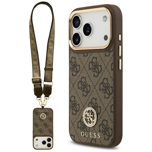 MagSafe futrola za Apple iPhone 17 Pro, Guess, 4G Strass Logo with Big Strap, Smeđa